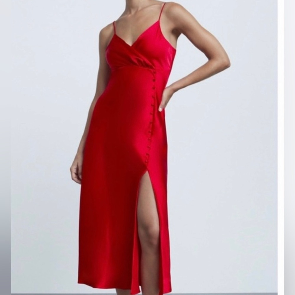 Zara Red Satin MIDI Dress w/ slit. Size Small. Worn once